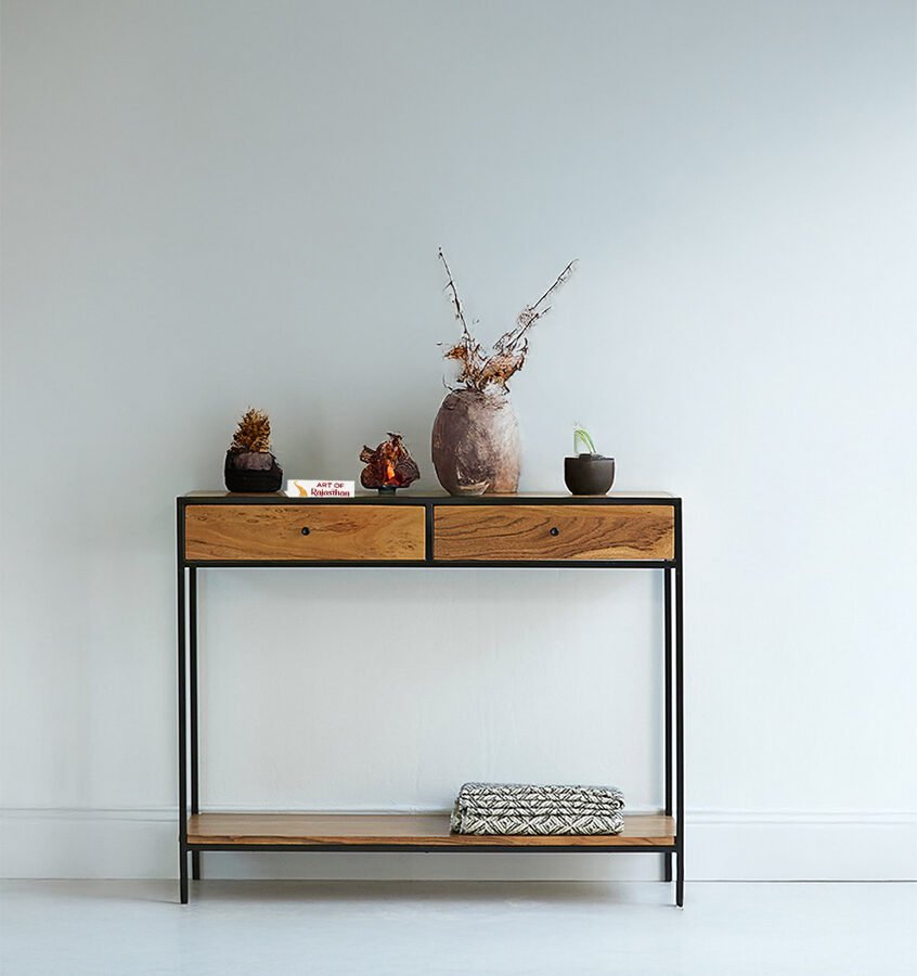 Sheesham Wood Entryway Console Table with 2 Drawers & Open Shelf