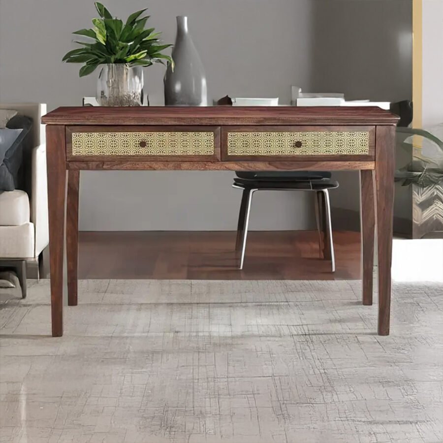 Sheesham Wood Cane Console Table – 2 Drawer Natural Finish