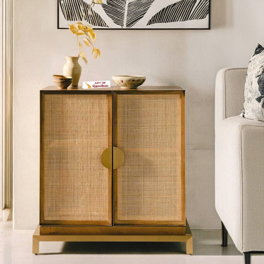 Solid Wood Rattan Cabinet - 2 Door Natural Finish