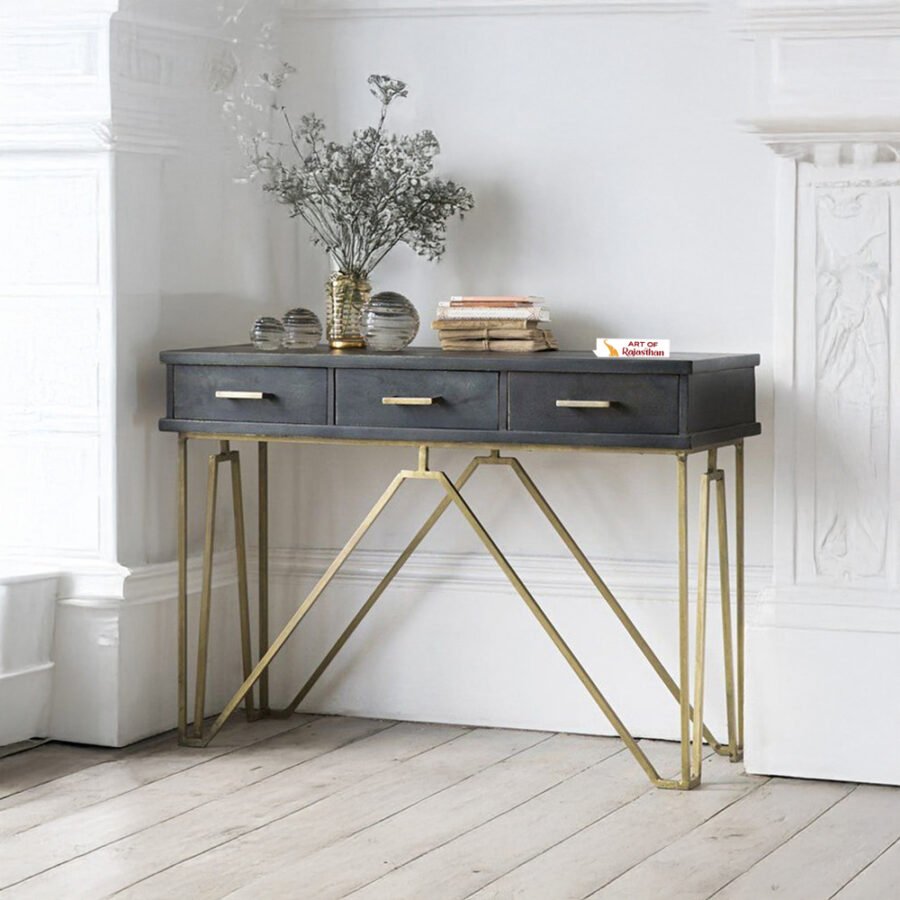 Solid Wood Entryway Console Table with 3 Drawers & Iron Legs