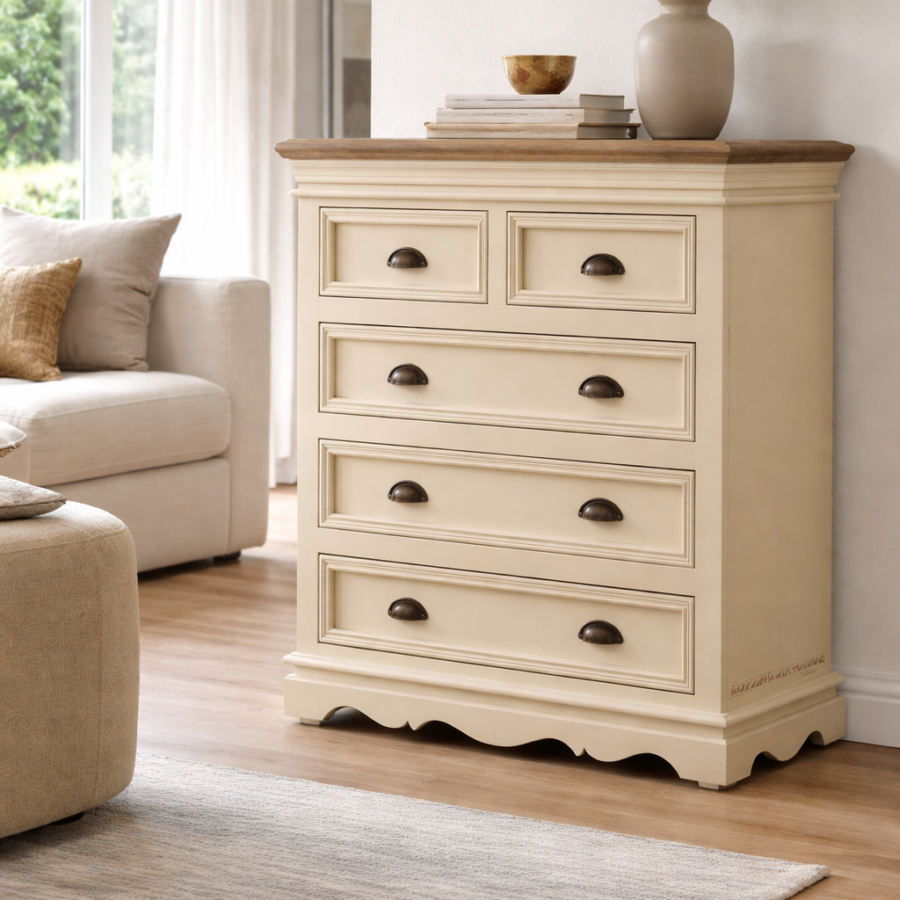 Mango Wood Chest of Drawers – 4 Drawer Antique Cream Distress