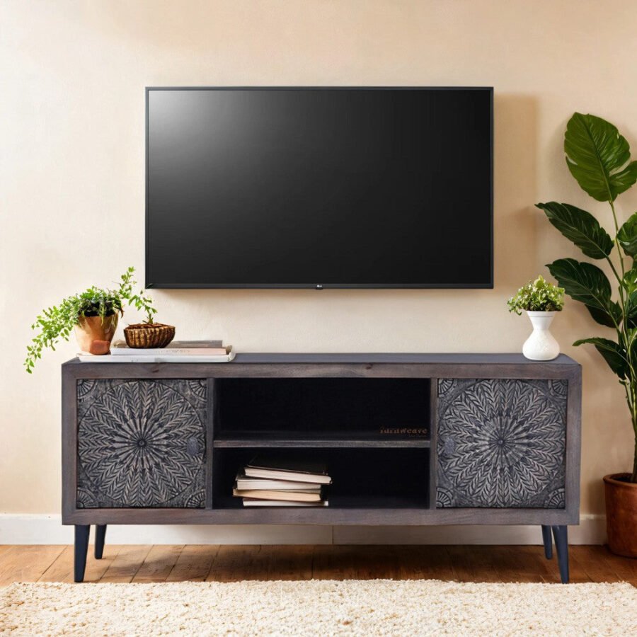 Hand Carved Mango Wood Media TV Unit Cabinet - Grey