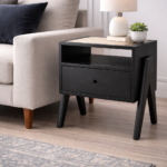 Mango Wood Cane Top Bedside Table in Black Finish