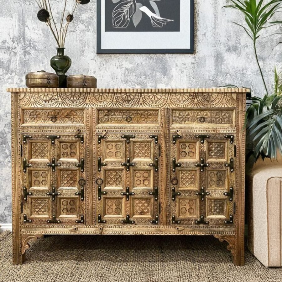 Hand Carved Mango Wood Sideboard Cabinet