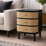 Solid Wood Cane Bedside Table – 3 Drawer Black Finish