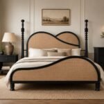 Mango Wood Curved Cane Bed – Black Finish | Solid Wood Rattan Bed