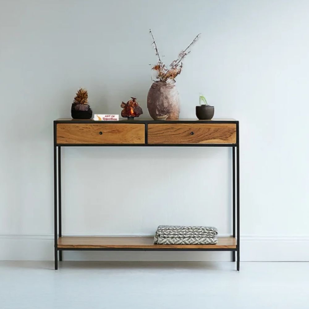 imresizer-ghj Sheesham Wood Entryway Console Table with 2 Drawers & Open Shelf - Image 1