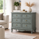 Mango Wood Chest of Drawers – 6 Drawer Muted Teal Grey