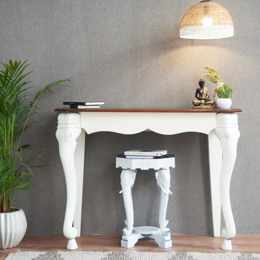 Mango Wood Entryway Console Table – White with Oak Honey Finish