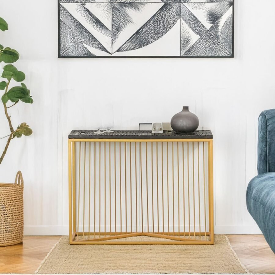 Sheesham Wood Console Table with Golden Iron Stand