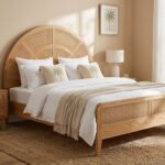 Solid Wood Cane Bed with Curved Headboard – Natural Finish