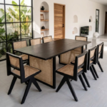 Solid Sheesham Wood 8 Seater Dining Table Set with Rattan Chairs – Black Finish (6, 8 & 10 Seater Options)