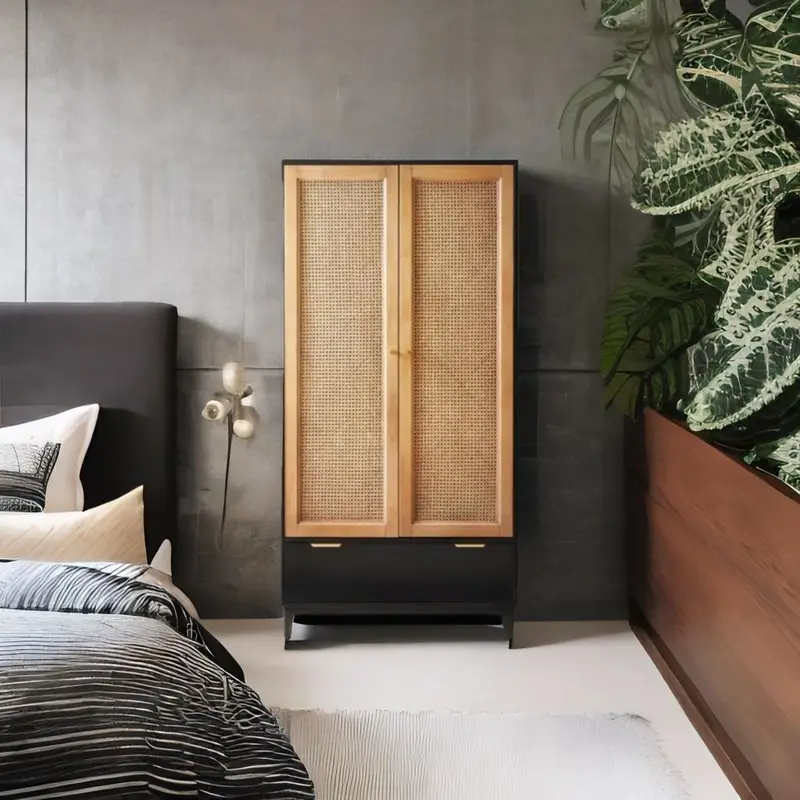 Mango Wood Cane Wardrobe with 1 Drawer – Black Finish Solid Wood Wardrobe