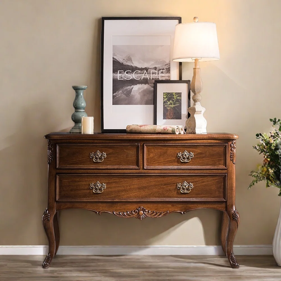 Teak Wood Hand Carved Console Table - Natural Finish
