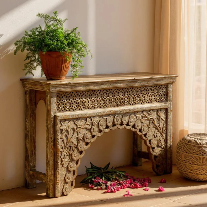 Mango Wood Hand Carved Console Table – Arched Shape Light Brown Finish