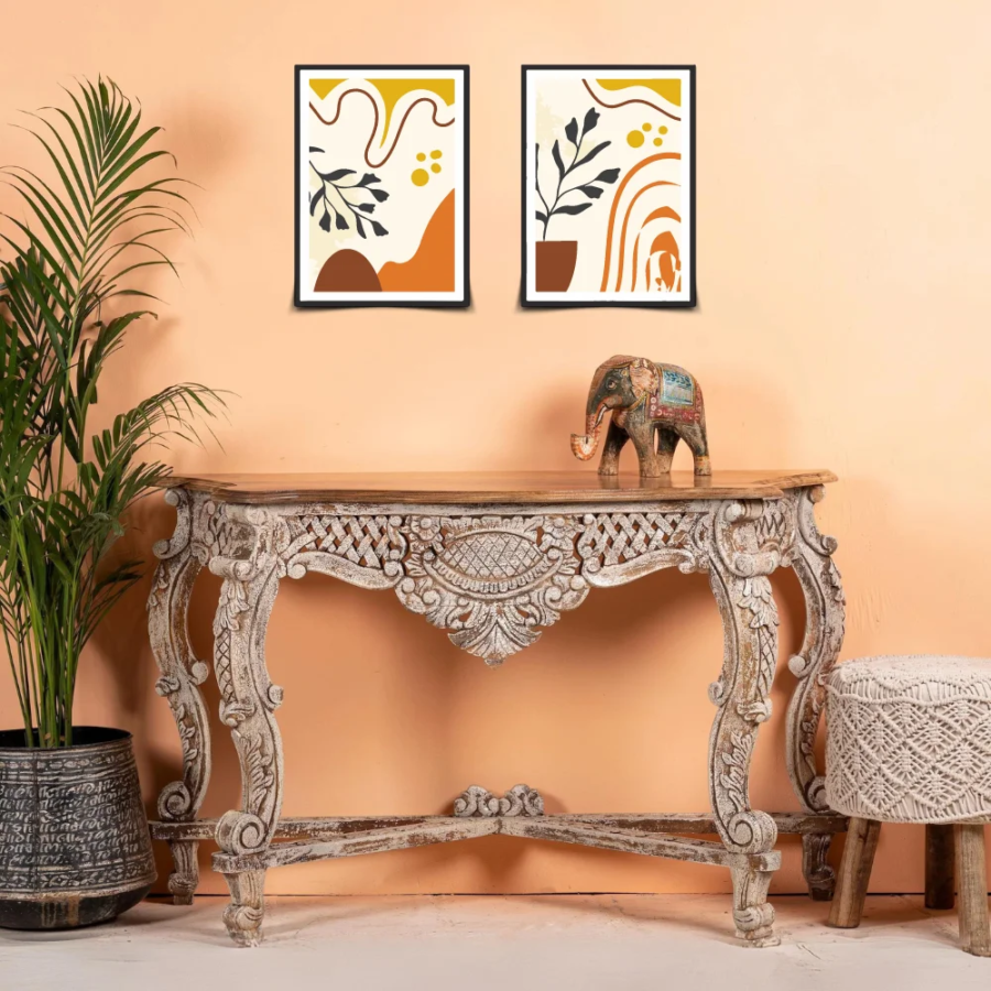 Mango Wood Arched Hand Carved Console Table – White Wash