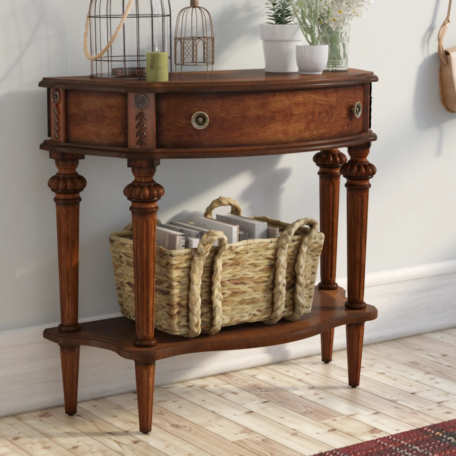 Solid Wood Hand Carved Console Table 1 Drawer with Open Shelf – Entryway Table