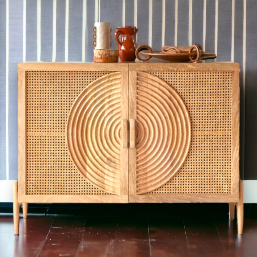 Mango Wood Rattan Cabinet 2 Door Natural Finish