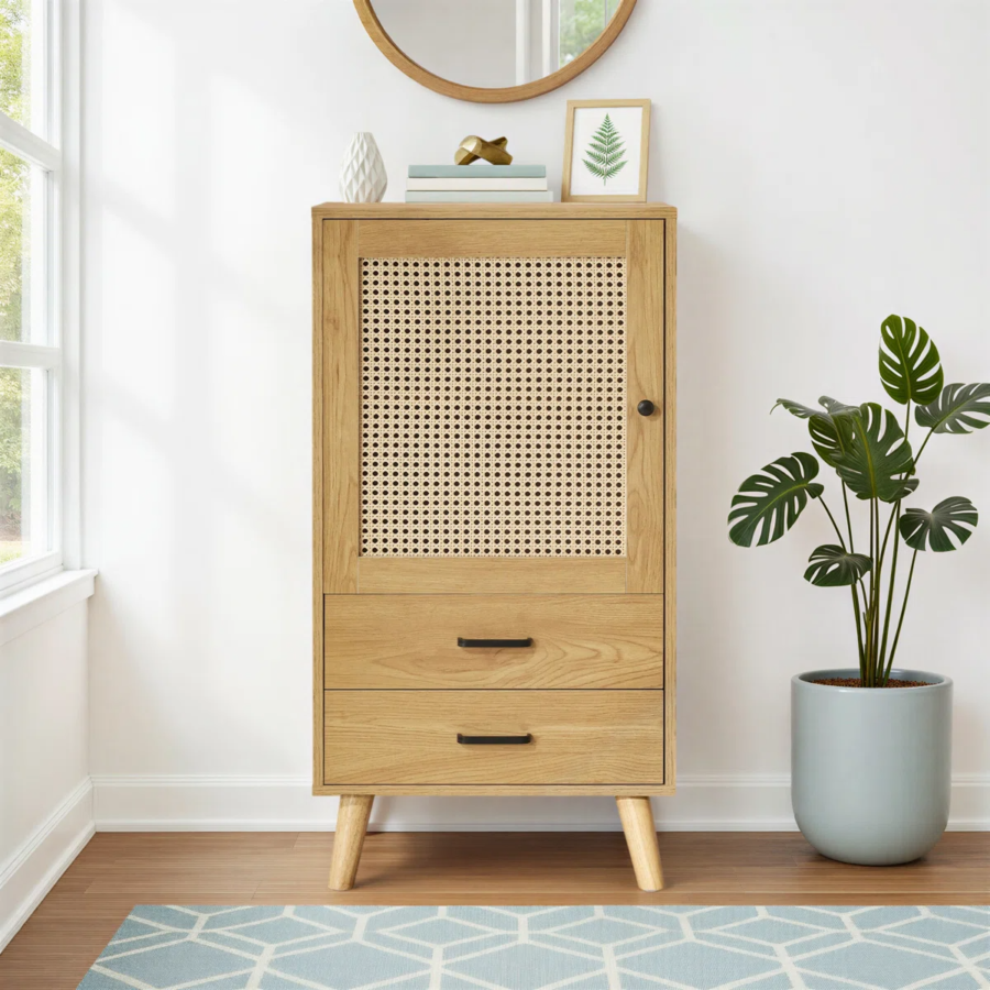 Solid Wood Rattan Cabinet 1 Door 2 Drawer – Natural Finish