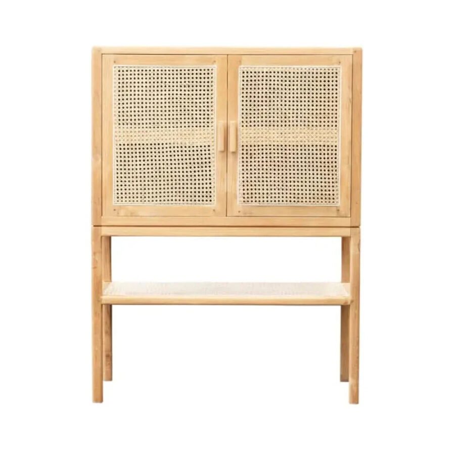 Solid Wood Cane Cabinet 2 Door with Open Shelf – Natural Finish