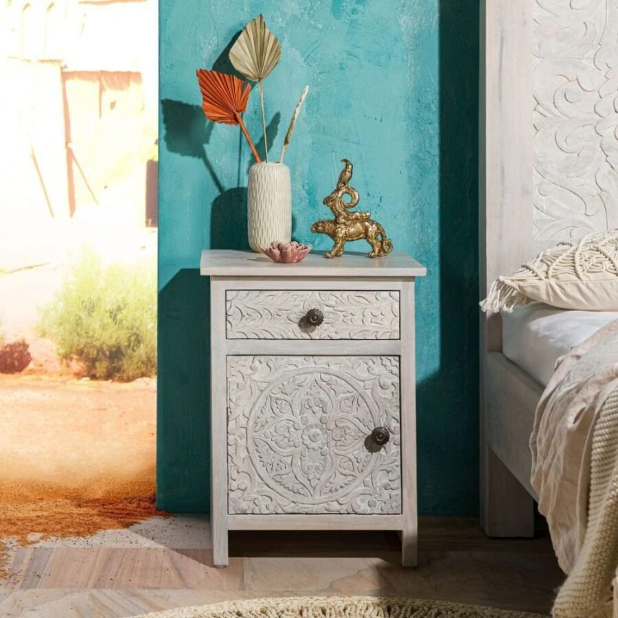 Mango Wood Hand Carved Bedside Table 1 Drawer 1 Door – Grey Finish Nightstand