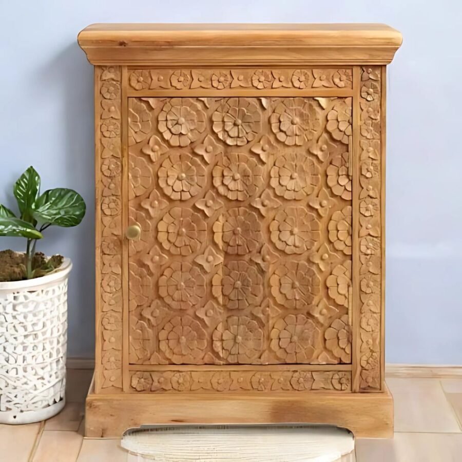 Mango Wood Hand Carved Bedside Table 1 Door – Natural Finish Nightstand