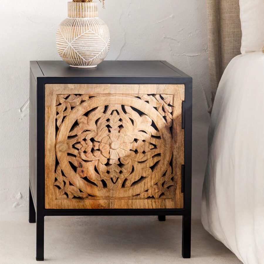 Mango Wood Hand Carved Bedside Table - 1 Drawer Black Finish