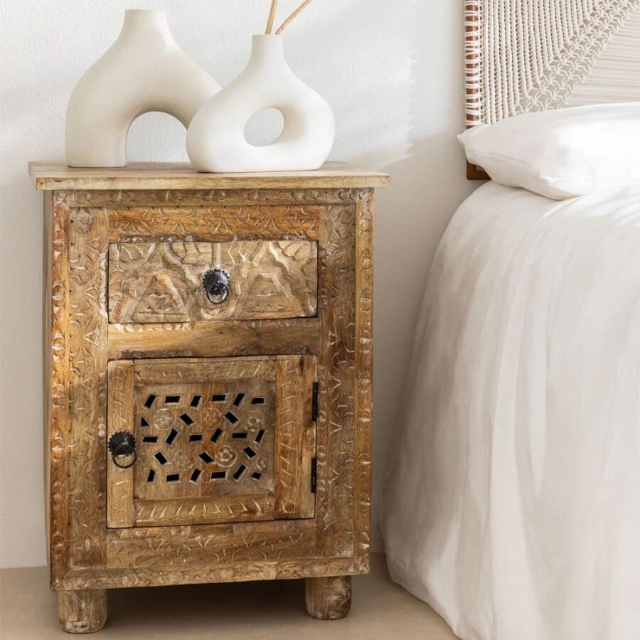 Mango Wood Hand Carved Bedside Table 1 Drawer and Door – Natural Finish Nightstand