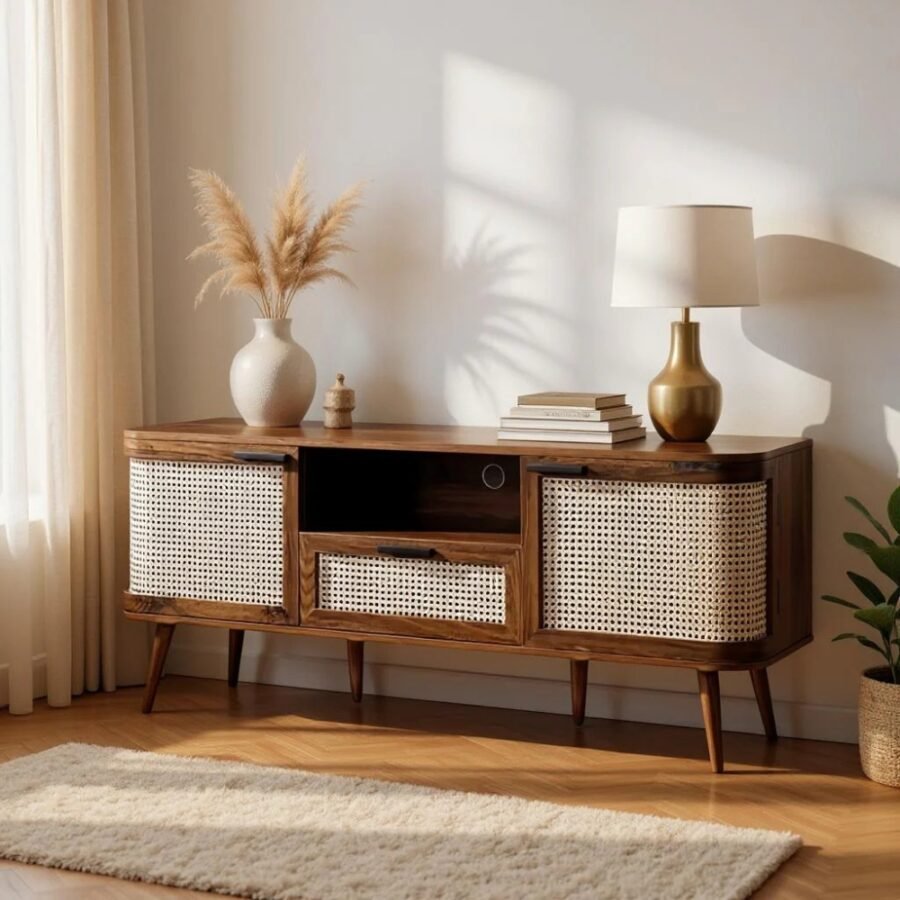 Solid Wood Cane TV Unit – Walnut Finish Entertainment Console