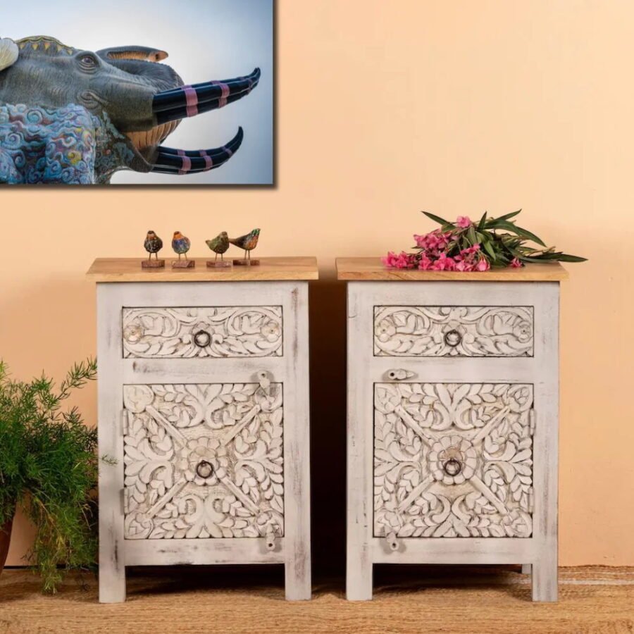 Mango Wood Hand Carved Bedside Table Set of 2 – White Wash Finish Nightstands