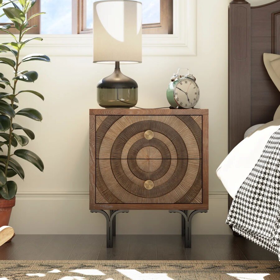 Solid Wood Hand Carved Bedside Table 2 Drawer – Sunburst Design Nightstand