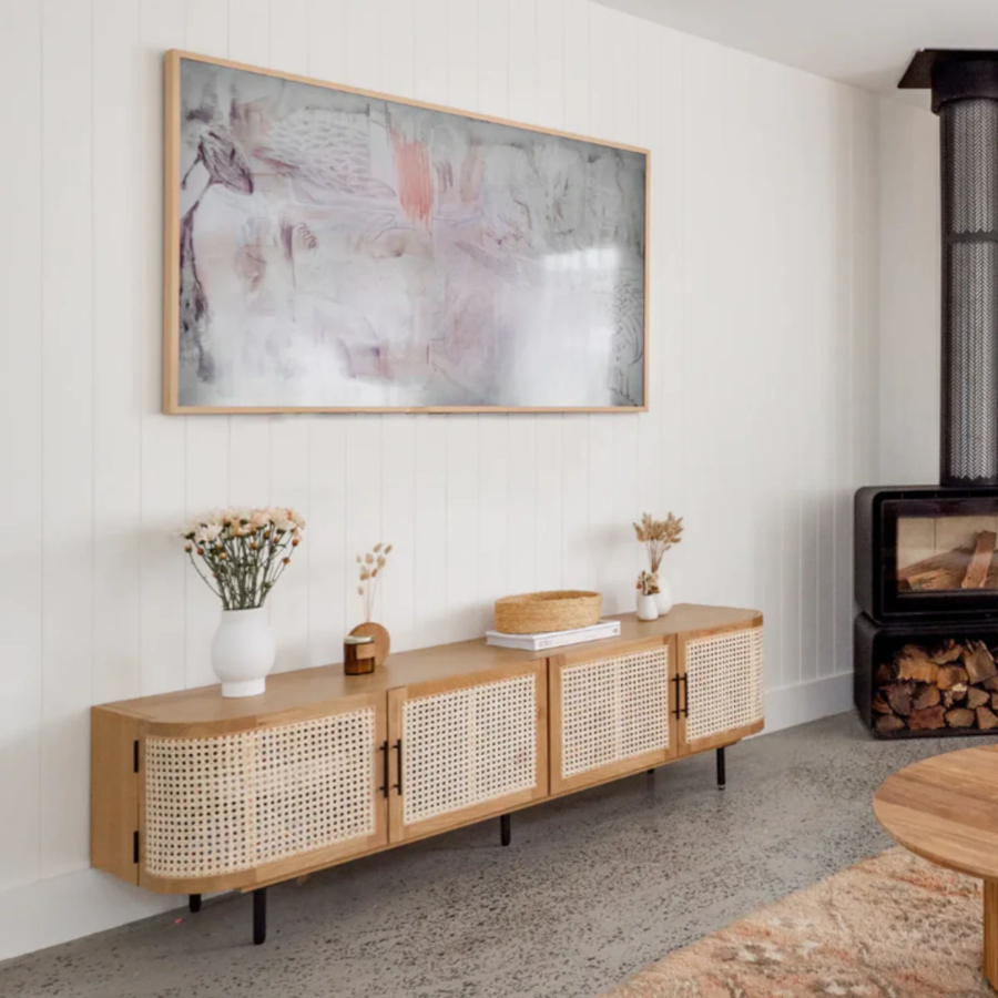 Teak Wood Rattan TV Unit Curve Shape – Natural Finish Entertainment Console