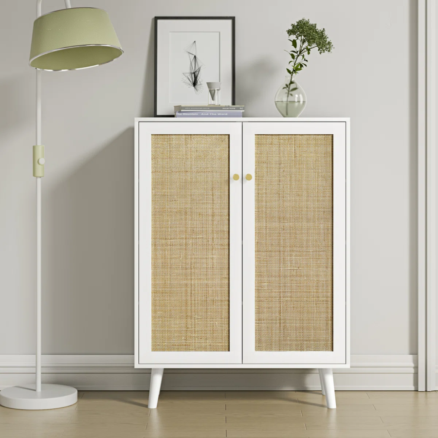 Solid Wood Rattan Cabinet 2 Door – White Finish