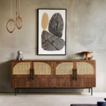 Mango Wood Cane Sideboard 4 Door Walnut Finish Storage Cabinet for Living Room