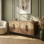 Mango Wood Cane Sideboard 4 Door Walnut Finish Storage Cabinet for Living Room - Image 6