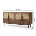 Mango Wood Cane Sideboard 4 Door Walnut Finish Storage Cabinet for Living Room - Image 8