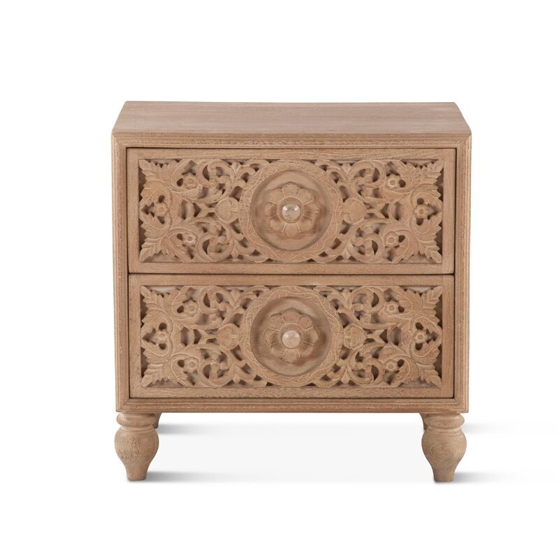 Mango Wood Hand Carved Bedside Table 2 Drawers – Natural Finish Nightstand