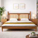 Teak Wood Rattan Bed – Natural Finish | Solid Wood Cane Bed for Modern Bedrooms