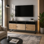 Solid Wood Rattan TV Unit – Open Shelf Black Finish Console