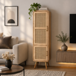 Solid Wood Tall Cane Cabinet - Natural Finish