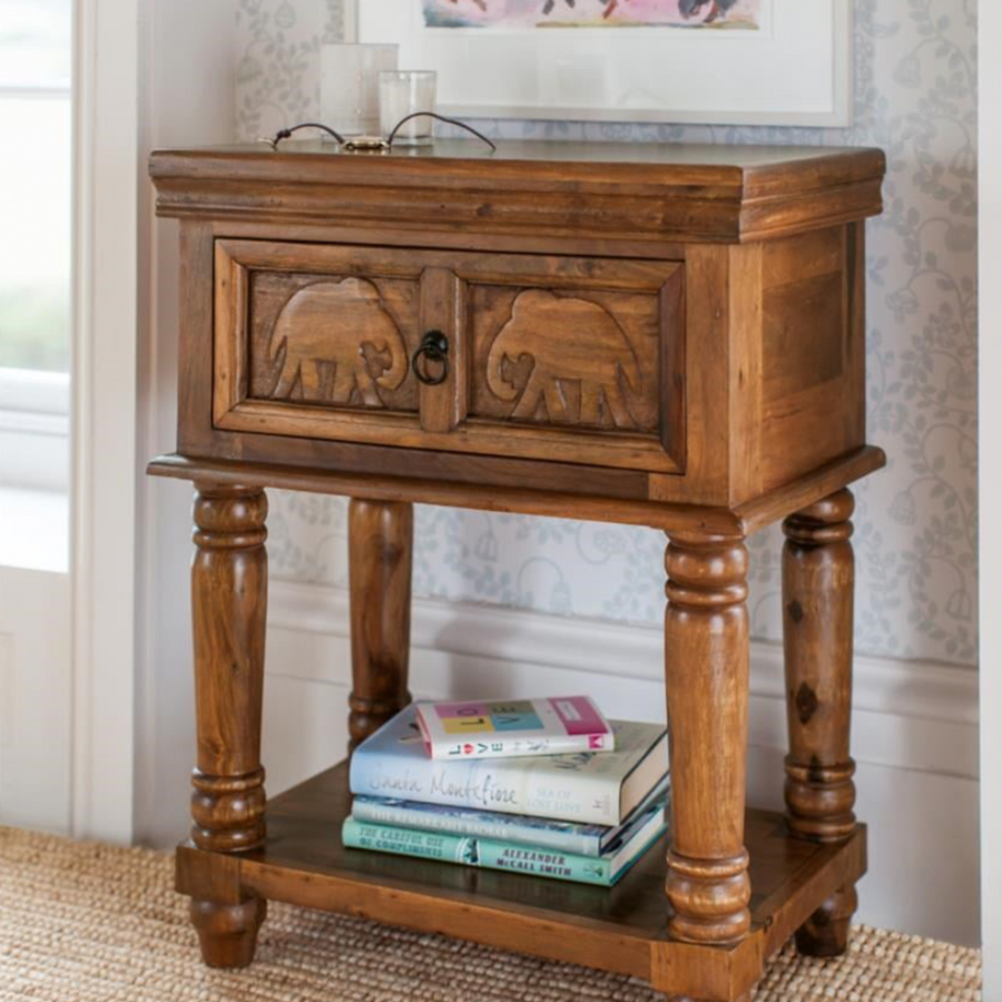 Sheesham Wood Hand Carved Bedside Table 1 Drawer with Open Shelf – Elephant Design