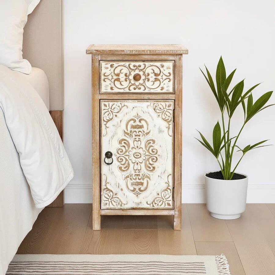 Solid Wood Hand Carved Bedside Table 1 Door & 1 Drawer – Natural Finish Nightstand