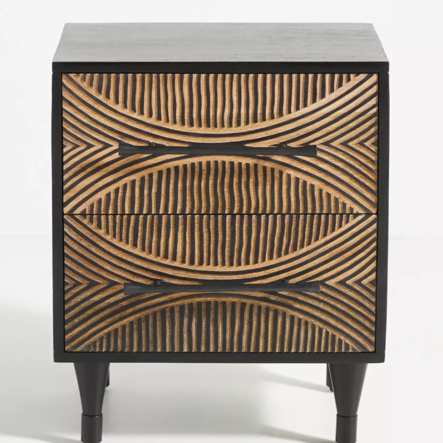 Mango Wood Hand Carved Bedside Table 2 Drawers – Black Finish Nightstand