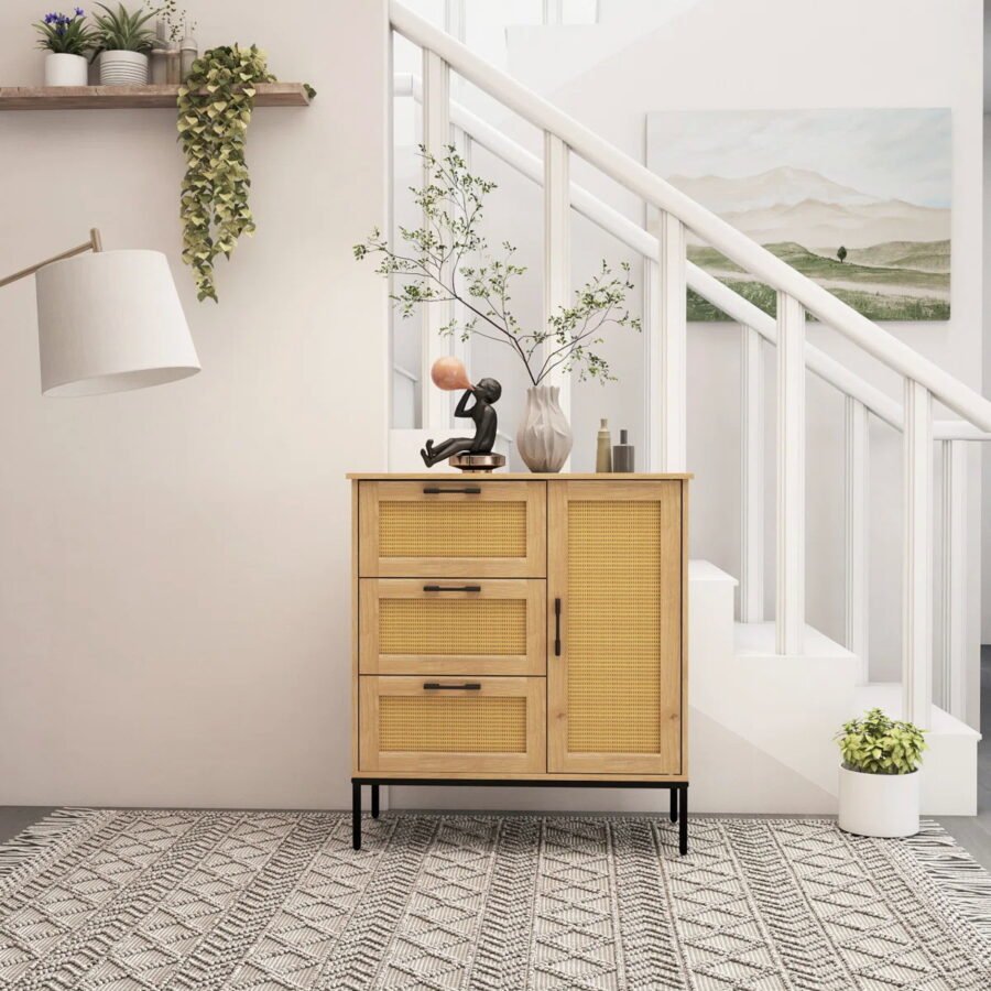 Oak Wood Rattan Cabinet 3 Drawers 1 Door – Natural Finish