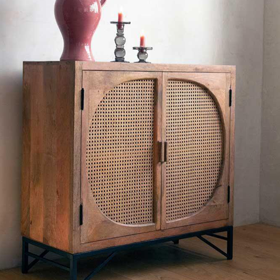 Mango Wood Cane Cabinet 2 Door – Natural Finish