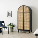 Mango Wood Rattan Wardrobe Curved Shape – Black Finish Solid Wood Wardrobe