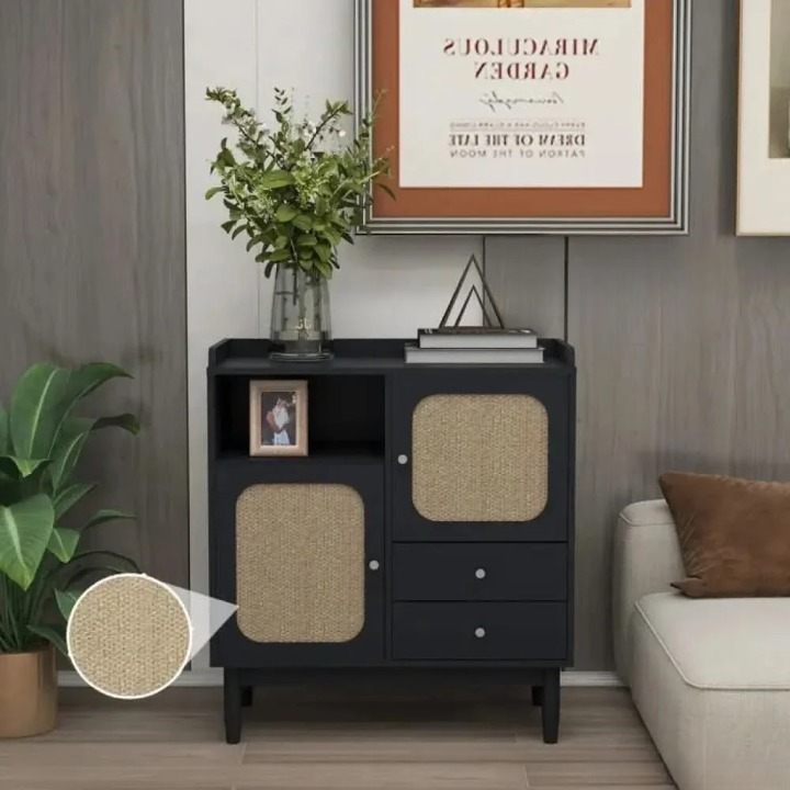 Solid Wood Cane Cabinet 2 Door 2 Drawer Open Shelf – Black Finish