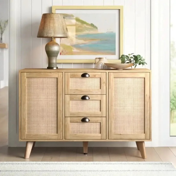 Solid Wood Cane Cabinet 3 Drawers 2 Door – Natural Finish