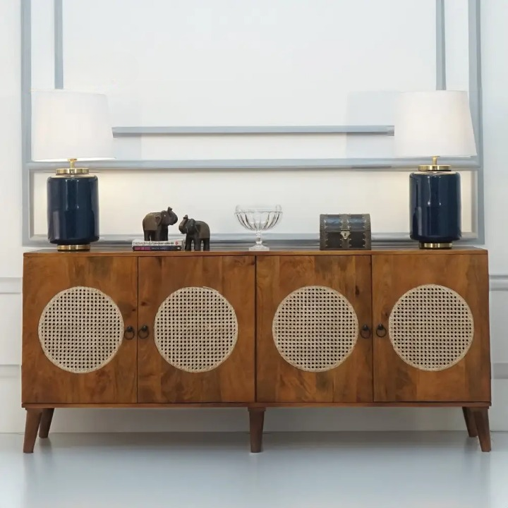Mango Wood Cane Sideboard - Walnut Finish