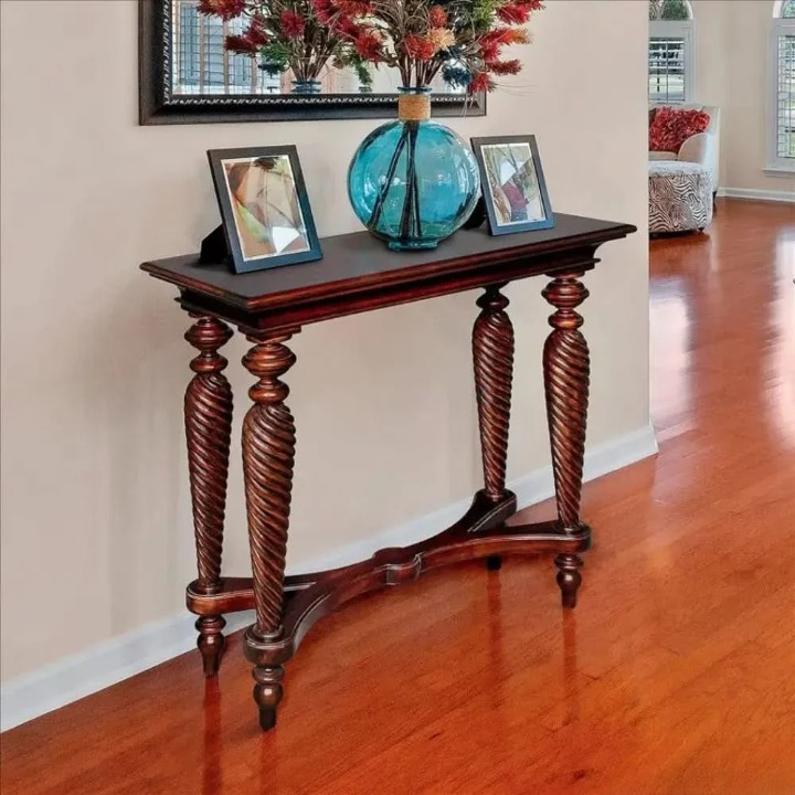 Solid Wood Hand Carved Console Table – French Design Walnut Finish Entryway Table